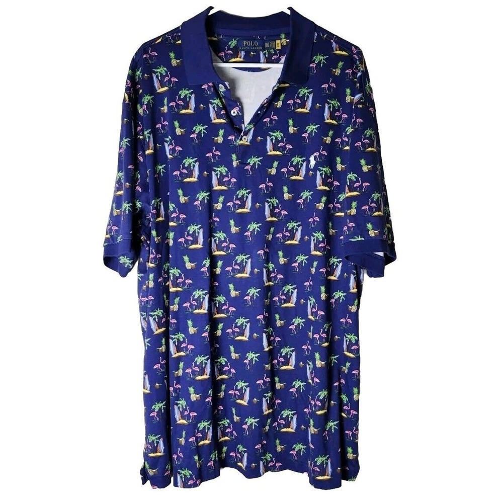 Polo Ralph Lauren Shirt Men's 2XLT Blue‎ Tropical Flamingo Island Surf Summer